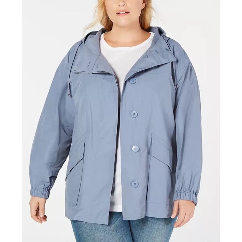 EILEEN FISHER Hooded Shirttail Coat Blue Lightweight Organic Cotton Size Large